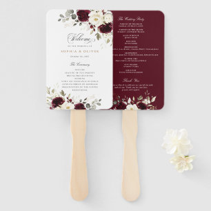 Floral Burgundy White Greenery Wedding Program Hand Fan