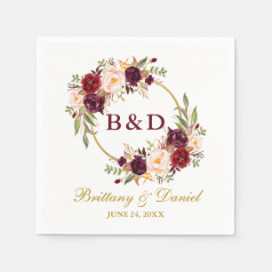Floral Burgundy Wreath Gold Monogram Wedding Napkin