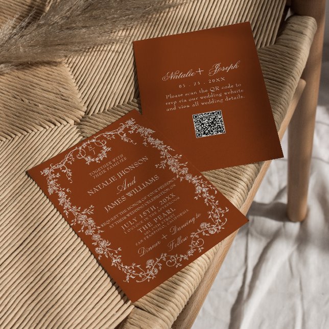 Floral Burnt Orange Botanical QR Code Wedding Invitation (Creator Uploaded)