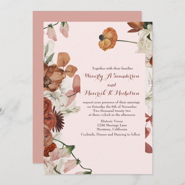 Floral Burnt Orange Dusty Rose Wedding invitations (Front/Back)