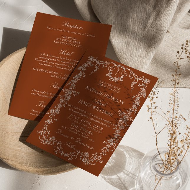 Floral Burnt Orange Monogram All In One Wedding Invitation (Creator Uploaded)