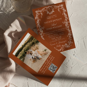 Floral Burnt Orange Photo QR Code Boho Wedding Invitation