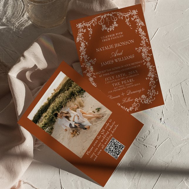 Floral Burnt Orange Photo QR Code Boho Wedding Invitation (Creator Uploaded)