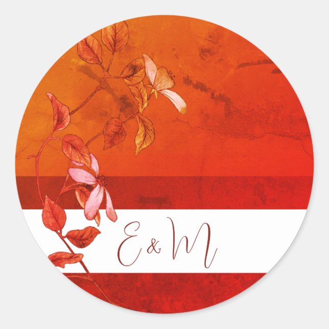  Floral Burnt Orange Rustic Terracotta Monogram  Classic Round Sticker (Front)