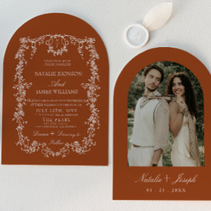 Floral Burnt Orange Terracotta Arched Wedding Invitation