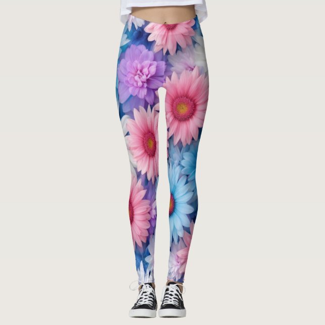  Floral Burst Leggings with Pink, White, and Blue  (Front)