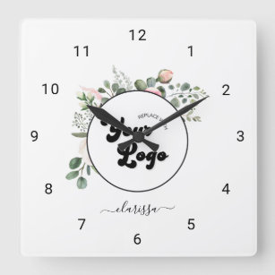 Floral Business Company Custom Logo & Name Girly Square Wall Clock