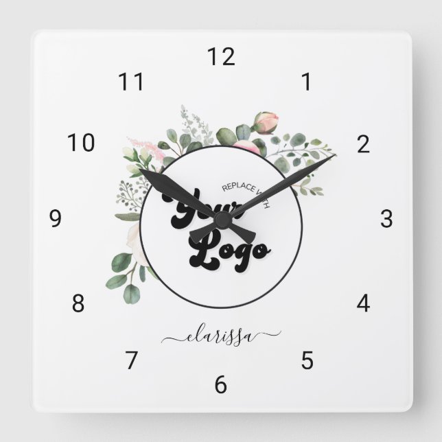 Floral Business Company Custom Logo & Name Girly Square Wall Clock (Front)