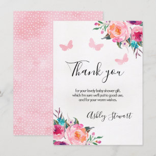 Floral Butterflies Baby Shower Thank You Card Girl