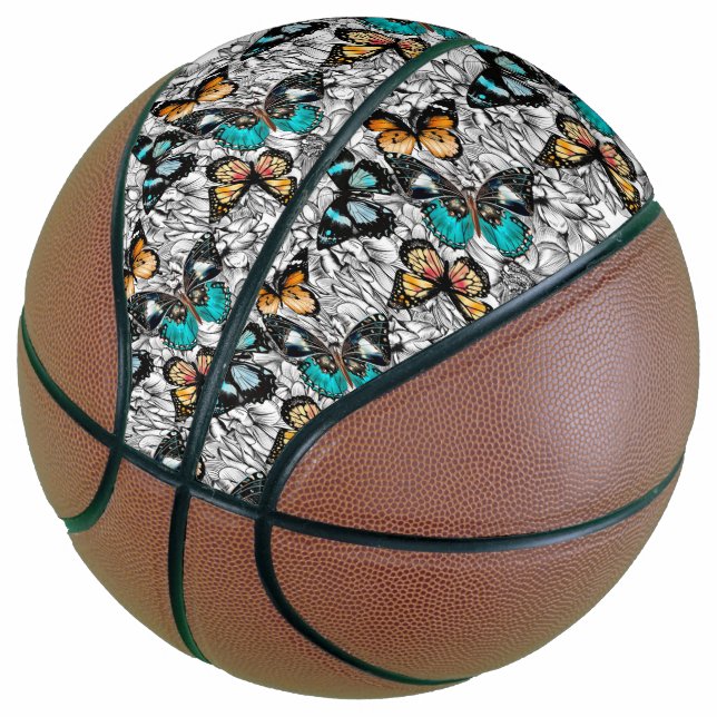 Floral Butterflies colourful sketch pattern Basketball (Angled)