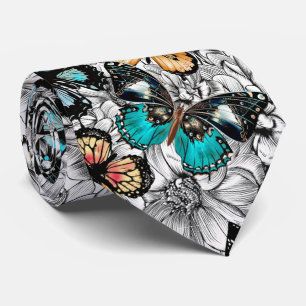 Floral Butterflies colourful sketch pattern Tie