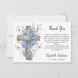 Floral Butterflies Cross Sympathy Memorial Funeral Thank You Card