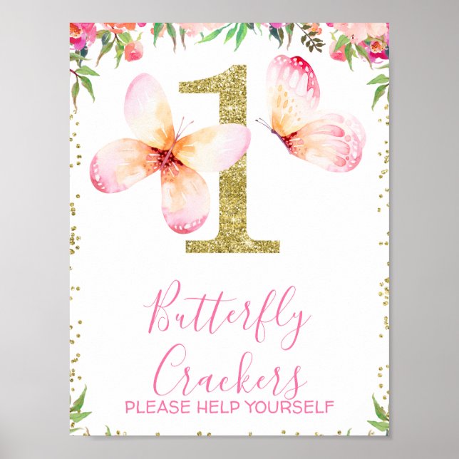 Floral Butterflies Gold Glitter 1st Birthday Sign (Front)
