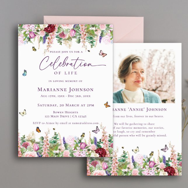Floral Butterflies Memorial Celebration of Life Invitation (Creator Uploaded)