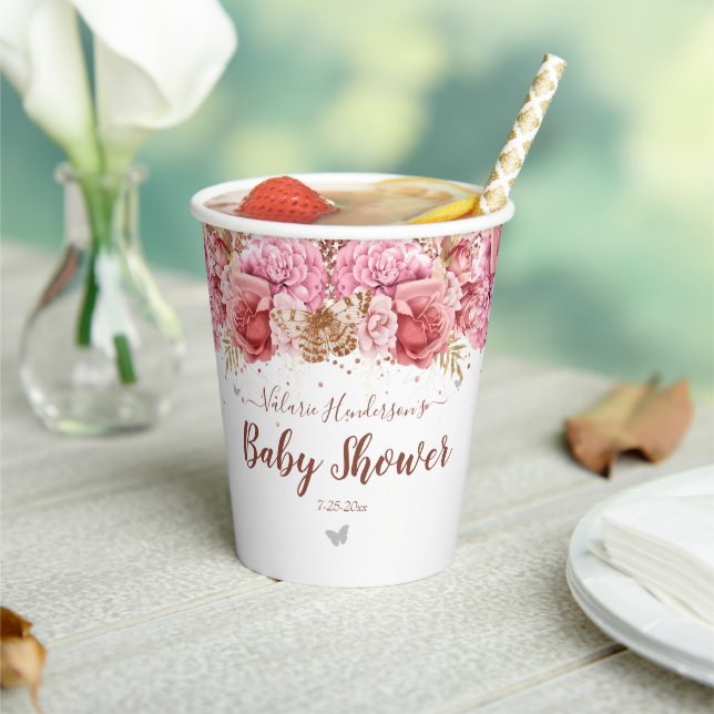 Floral Butterflies Pink Baby Shower Paper Cups (Insitu)