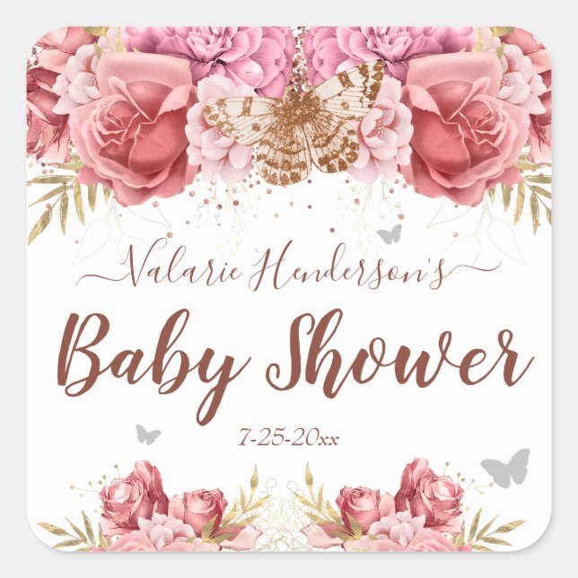 Floral Butterflies Pink Baby Shower Square Sticker (Front)