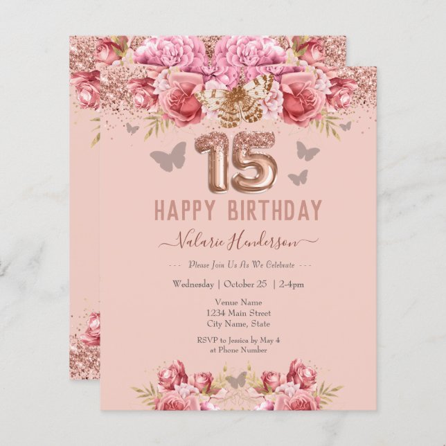 Floral Butterflies Pink Happy 15th Birthday (Front/Back)