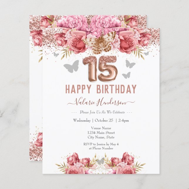 Floral Butterflies Pink Happy 15th Birthday (Front/Back)
