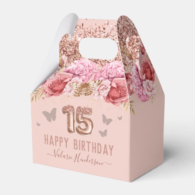 Floral Butterflies Pink Happy 15th Birthday Favour Box (Front Side)