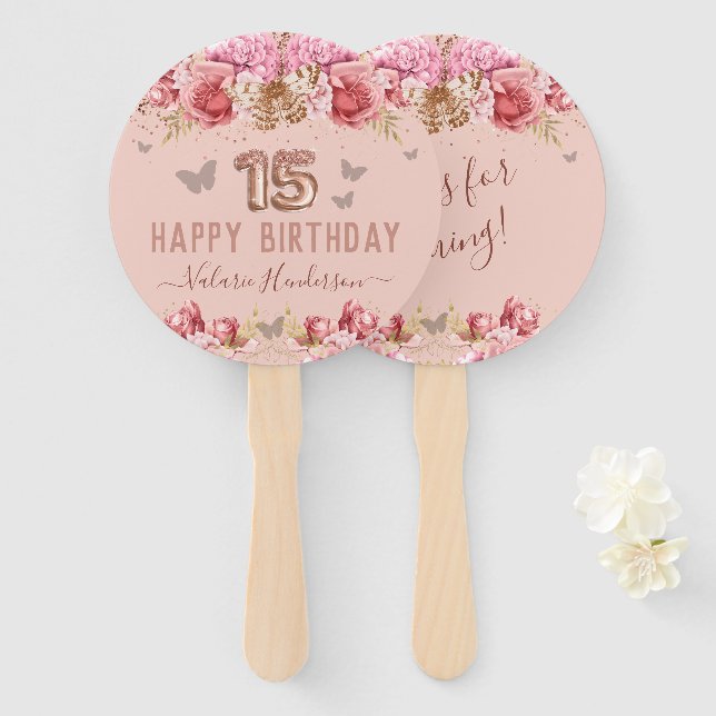 Floral Butterflies Pink Happy 15th Birthday Hand Fan (Front and Back)