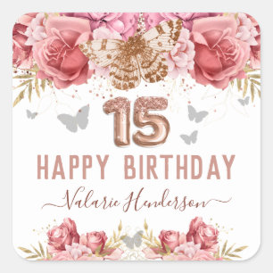 Floral Butterflies Pink Happy 15th Birthday Squar Square Sticker
