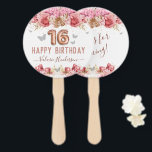 Floral Butterflies Pink Happy 16th Birthday Hand F Fan<br><div class="desc">Girly glitter with fancy script name typography. Faux rose gold 16 balloon text. Pink Roses and butterfly top border. Great for Sweet 16 celebrations.</div>