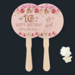 Floral Butterflies Pink Happy 16th Birthday Hand Fan<br><div class="desc">Girly glitter,  millennial pink background,  with fancy script name typography. Faux rose gold 16 balloon text. Pink Roses and butterfly top border. Great for Sweet 16 celebrations.</div>