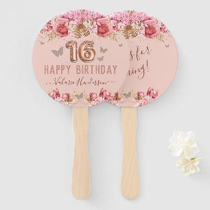 Floral Butterflies Pink Happy 16th Birthday Hand Fan