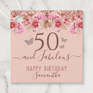 Floral Butterflies Pink Happy 50th Birthday Favour Tags