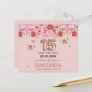 Floral Butterflies Pink Quinceañera Save the Date