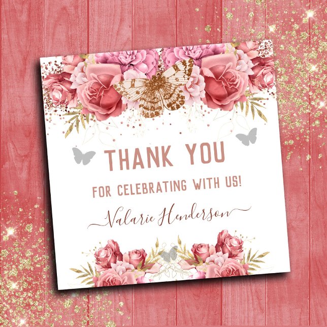 Floral Butterflies Pink Thank You Baby Shower Square Sticker (Creator Uploaded)