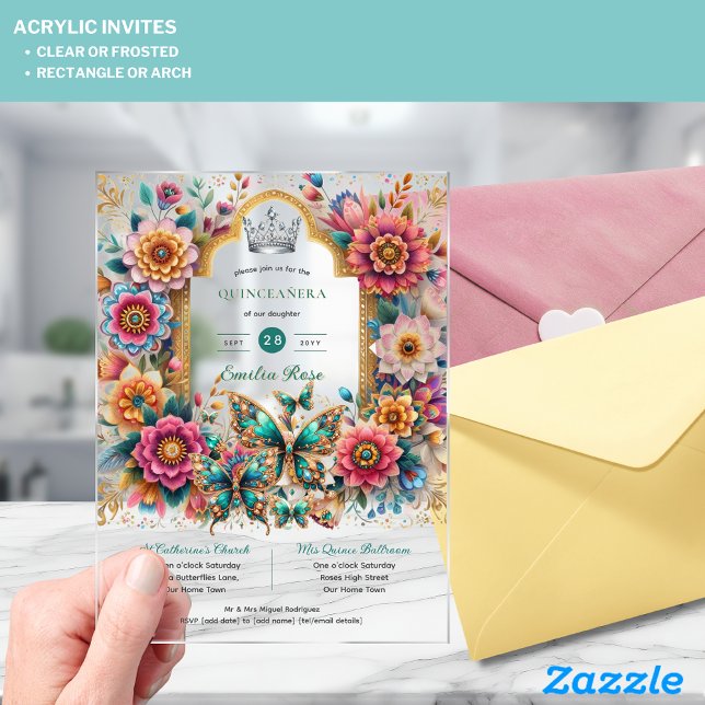 Floral Butterflies QUINCEANERA Tiara Gold Silver Acrylic Invitations (Creator Uploaded)