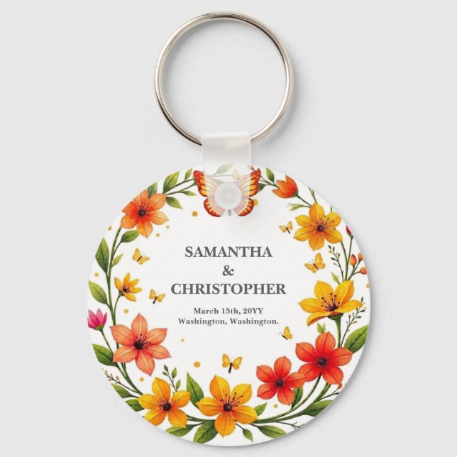 Floral Butterflies Wreath Wedding Custom Text Key Ring (Front)