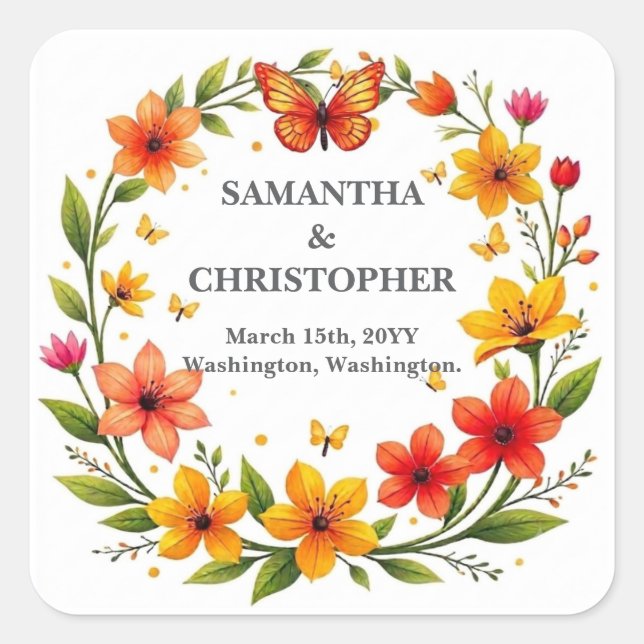 Floral Butterflies Wreath Wedding Custom Text Square Sticker (Front)