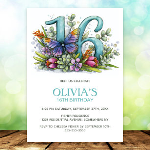 Floral Butterfly 16th Birthday Party Invitation