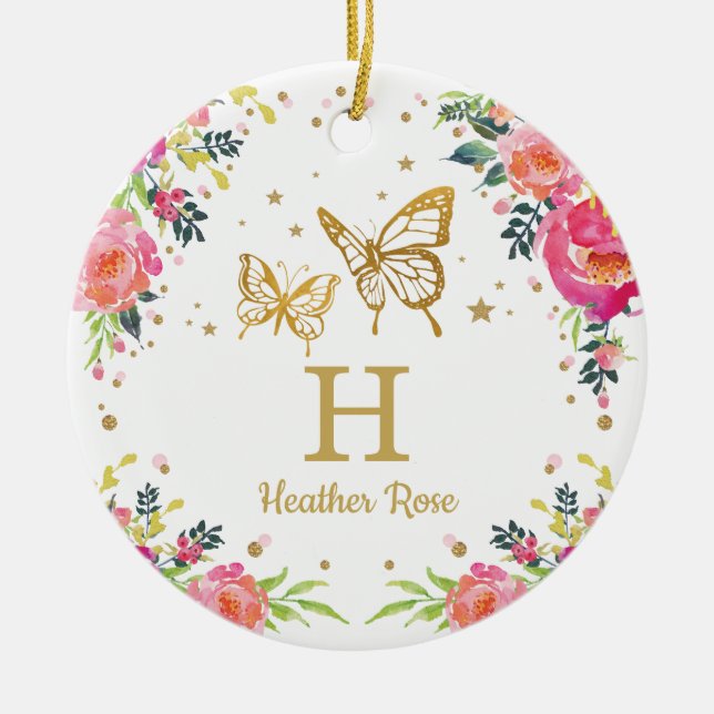 Floral Butterfly 1st First Christmas Photo Ceramic Tree Decoration (Front)