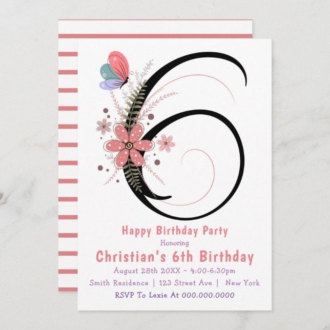 Floral Butterfly 6th Birthday Invitations (Front/Back)
