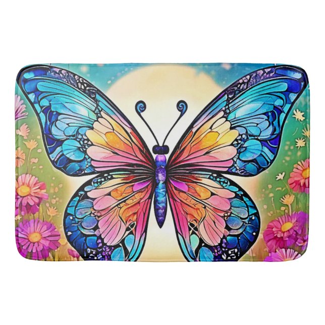 Floral Butterfly Art Design Bath Mat (Front)