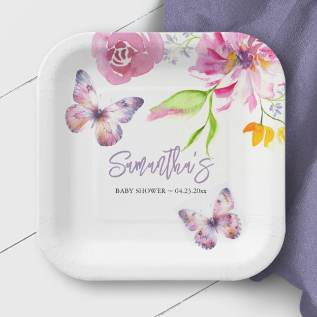 Floral Butterfly Baby Shower Disposable Paper Plate (Purple butterfly baby shower decorations personalized paper plates watercolor florals by Victoria)