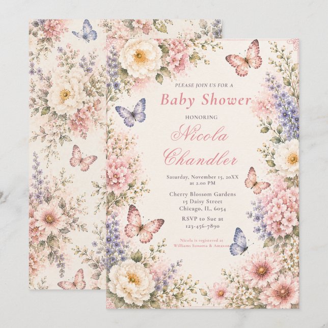 Floral Butterfly Baby Shower Invitation (Front/Back)