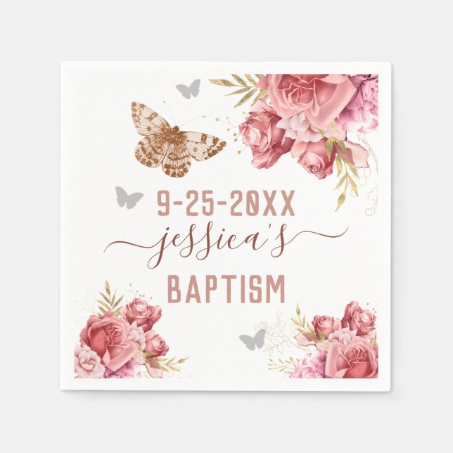Floral Butterfly Baptism Personalised Paper Napkin (Front)