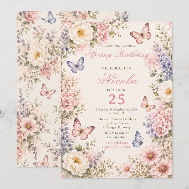 Floral Butterfly Birthday Invitation (Front/Back)