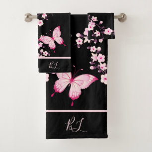 Floral Butterfly Black Pink Monogram Bath Towel Set