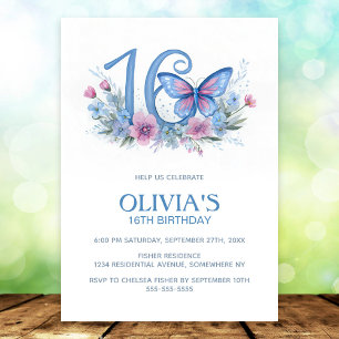 Floral Butterfly Blue 16th Birthday Party Invitation
