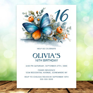 Floral Butterfly Blue Orange 16th Birthday Party Invitation