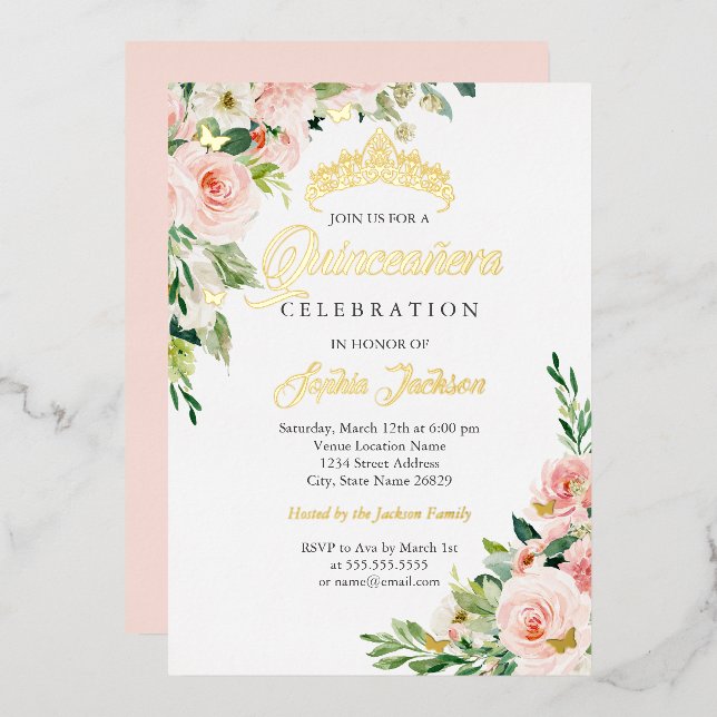 Floral Butterfly Blush Pink Gold Quinceanera  (Front/Back)