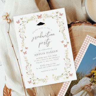 Floral Butterfly Blush Pink Photo Graduation Invitation
