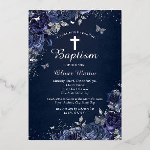 Floral Butterfly Boy Silver Navy Blue Baptism 