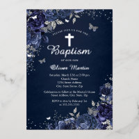 Floral Butterfly Boy Silver Navy Blue Baptism