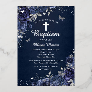 Floral Butterfly Boy Silver Navy Blue Baptism
